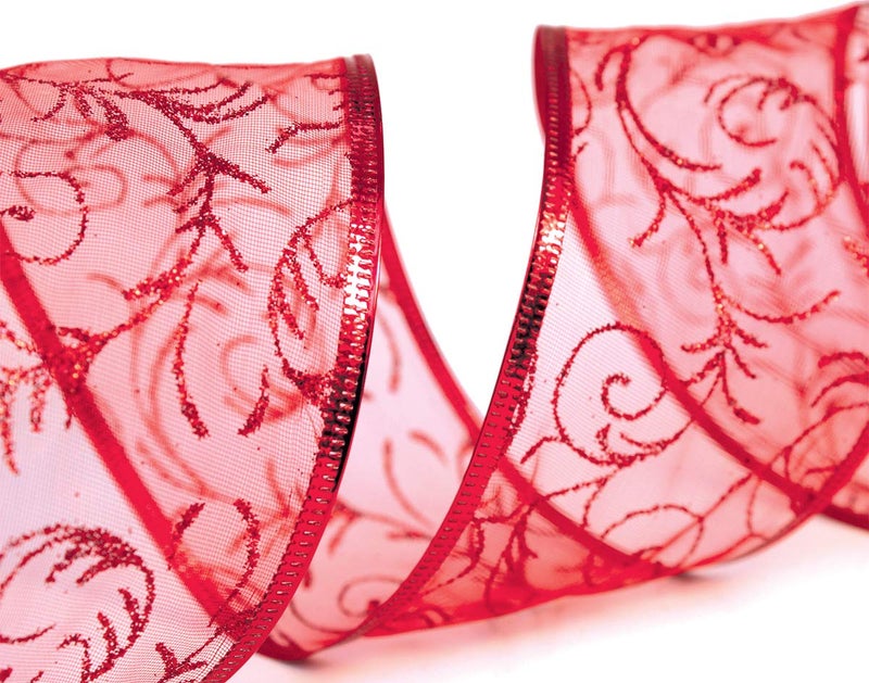 OLYPHAN Red Gift Ribbon Wired Christmas Wire Edged Ribbons 2.5 Inches Wide x 50 Yards for Xmas Tree Organza Sheer Glitter Gift Wrap, Crafts, Decor, Holiday Wrapping/Craft & Flowers Valentines Day Large Roll - Image 3